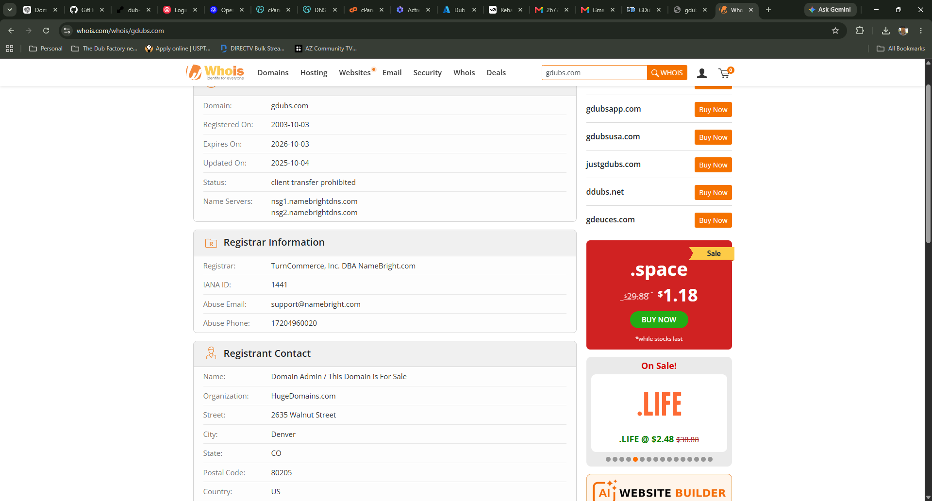 WHOIS record for GDubs.com showing a 2003 registration date and HugeDomains.com as the registrant contact